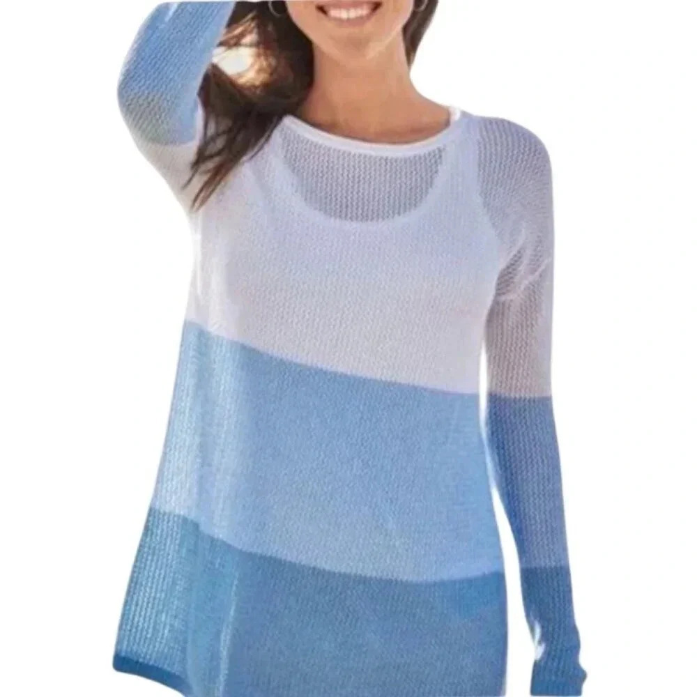 Pendleton Blue and White Ombre Colorblock Knit Sweater Semi-Sheer Size XL